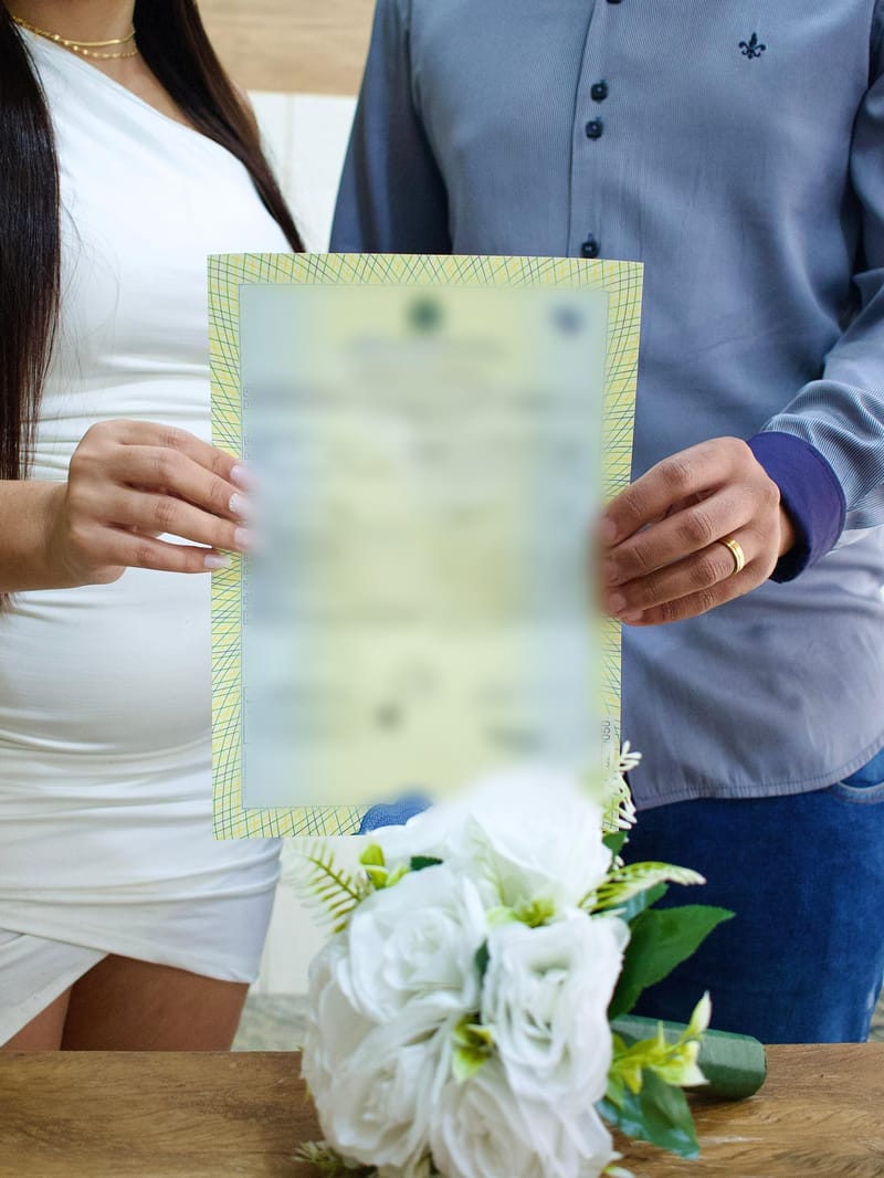 Casal com a certidão de casamento e buquê